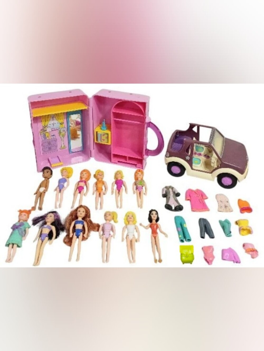 Lot of Vintage Polly Pocket 3.5" Fashion Play Dolls, Clothing, Bedroom Case &SUV